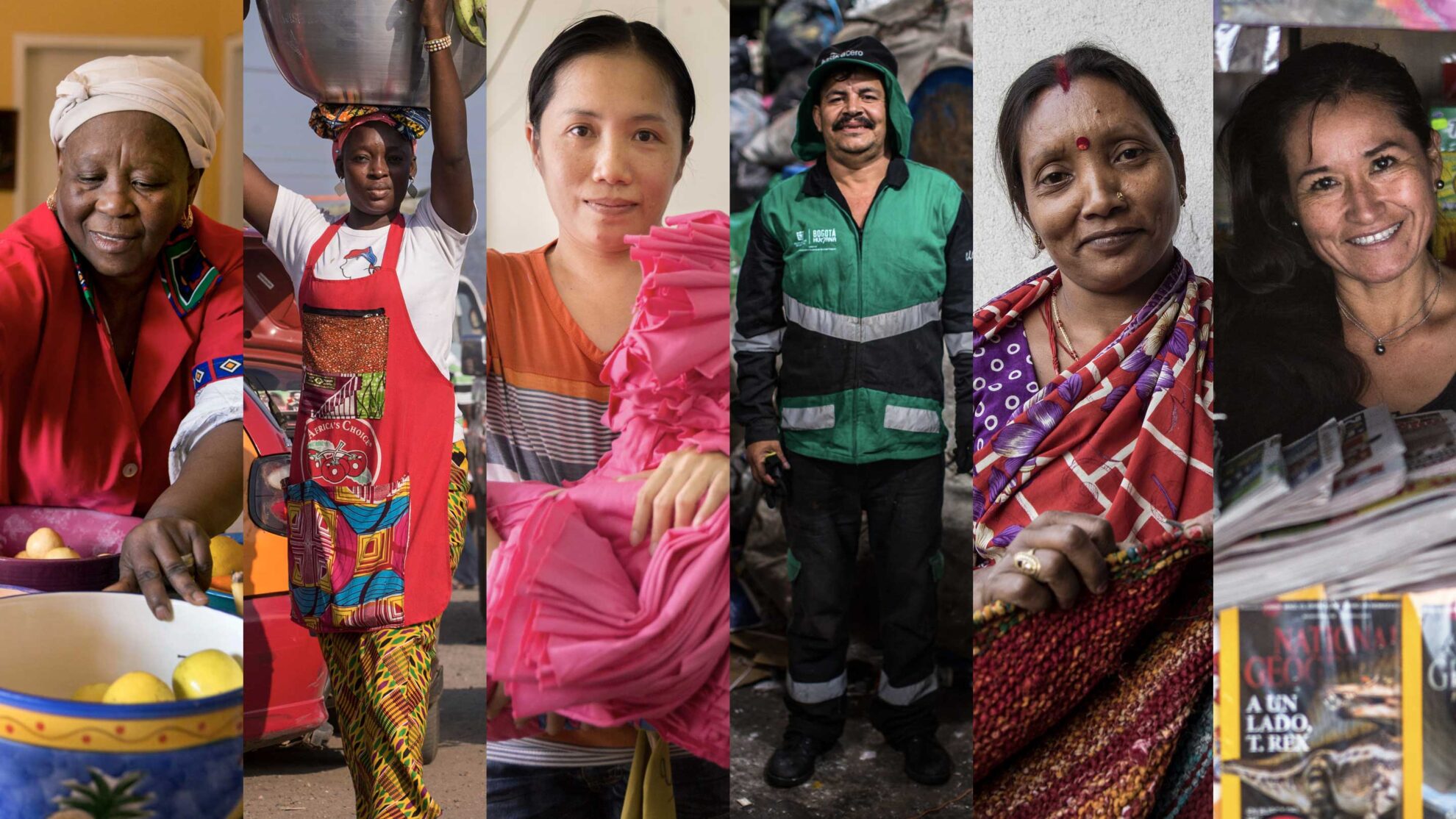 Workers in the informal economy from six different sectors. A Domestic Worker, a Garment Worker, a Home-Based Worker, a Street Vendors / Market Trader, a Transport Worker, and a Waste Picker.