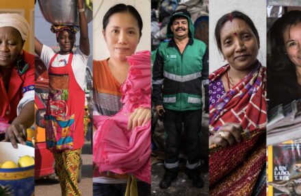 Workers in the informal economy from six different sectors. A Domestic Worker, a Garment Worker, a Home-Based Worker, a Street Vendors / Market Trader, a Transport Worker, and a Waste Picker.