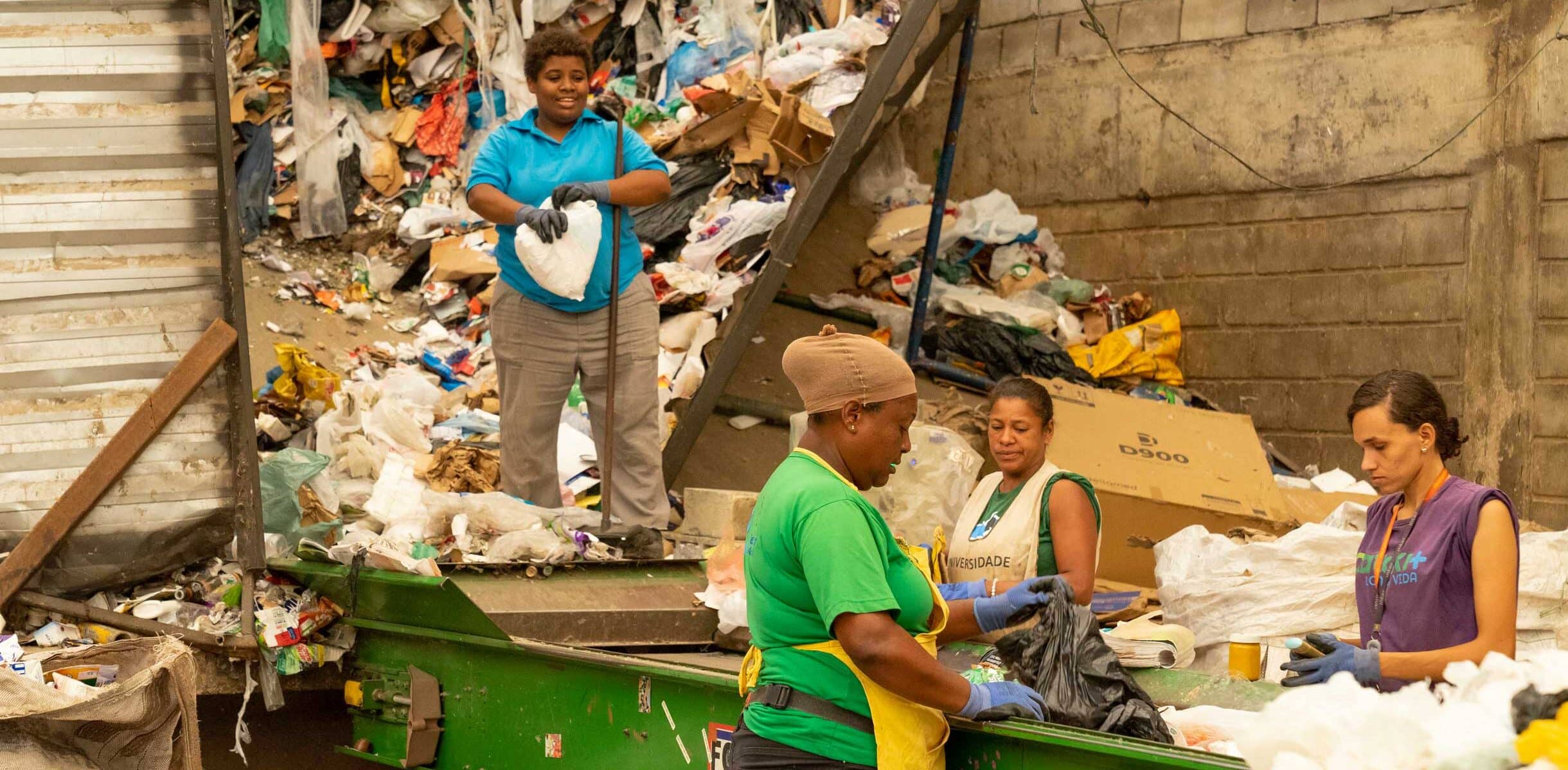 Members of the Coopesol Leste Cooperative sort recyclables in their warehouse in Belo Horizonte, Brazil. The cooperative processes 250 tonnes of recyclables monthly and is part of the Zero Waste Santa Teresa project.