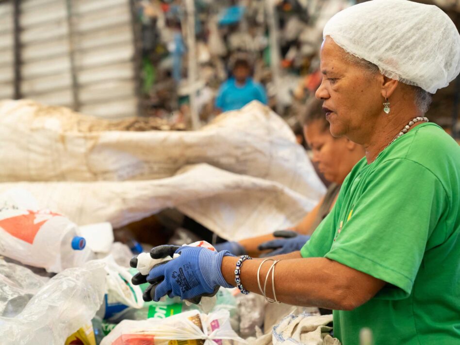 A worker sorts recyclable waste at Coopesol Leste Cooperative in Belo Horizonte, Brazil.