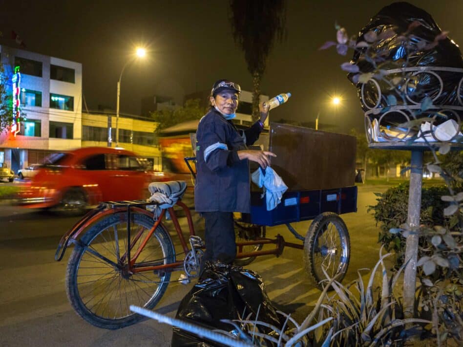 Waste picker María Elena Díaz Espinoza collects recyclables in Los Olivos, Lima, Peru.